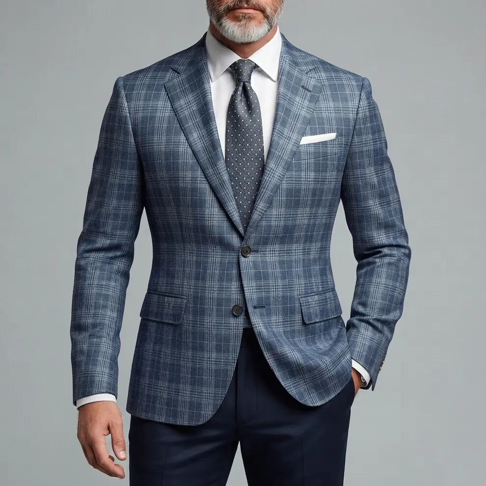 Men's Classic Formal Plaid Notched Lapel Two Button Long Sleeve Blazer