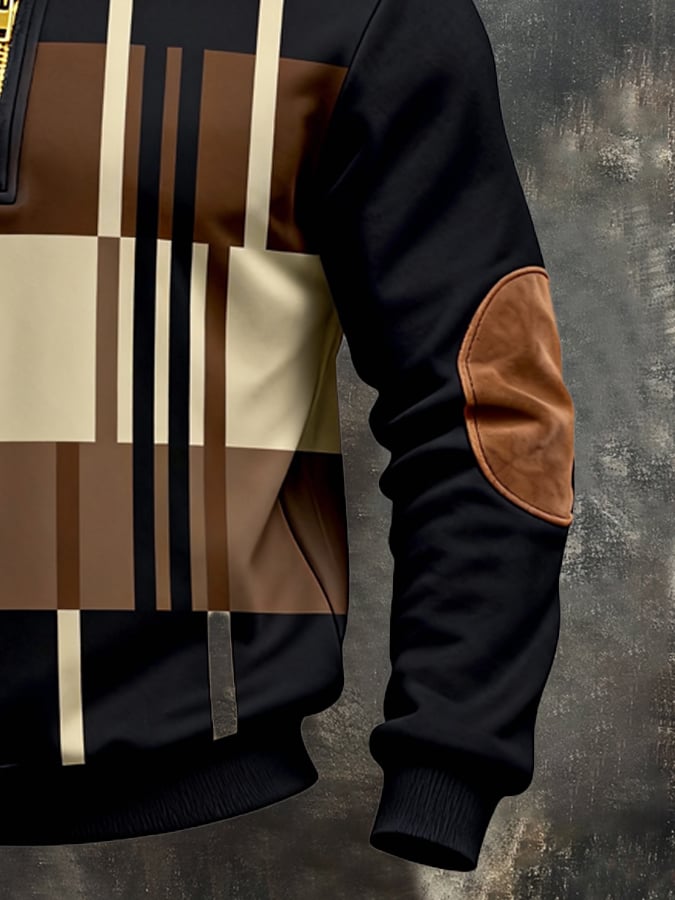 Men's Retro Color Block Print Zipper Sweatshirt