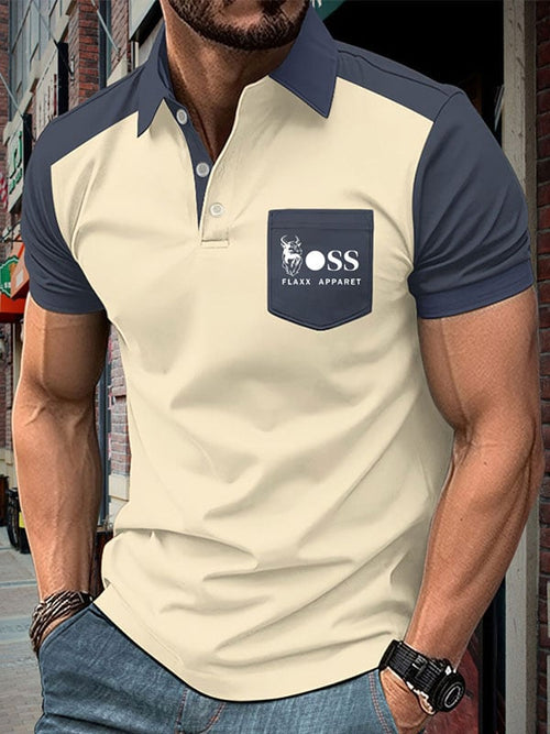 Men's Business Color-Blocked Logo Button-Down Short Sleeve Polo Shirt