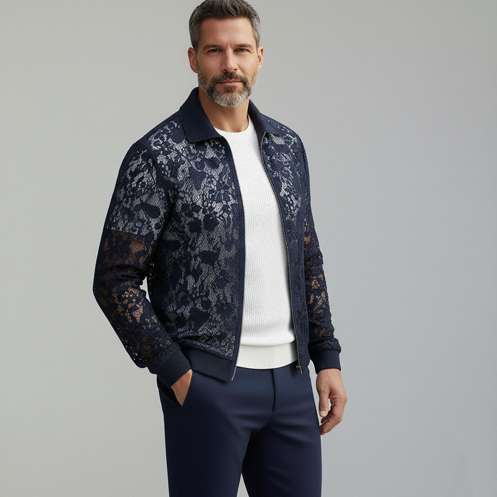 Men's Stylish Midnight Blue Guipure Lace Ribbed Cuffs Turndown Collar Zipper Jacket