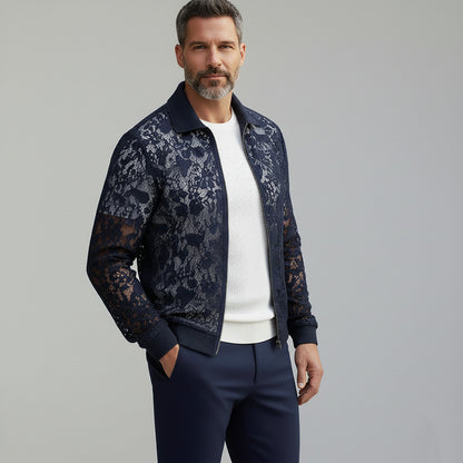 Men's Stylish Midnight Blue Guipure Lace Ribbed Cuffs Turndown Collar Zipper Jacket
