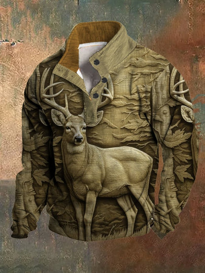 Men's Fleece Western 3D Forest Deer Hunting Stand Collar Sweatshirt