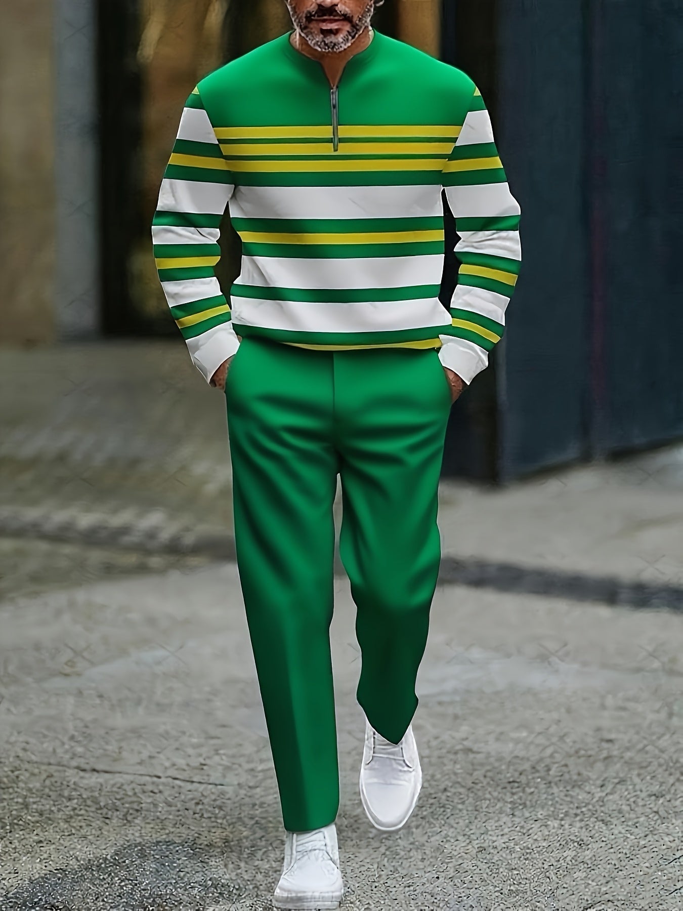 Men's Casual Green & White Color Matching Striped Printed Round-Neck Zipper Long Sleeved Tops & Trousers Two-Piece Set