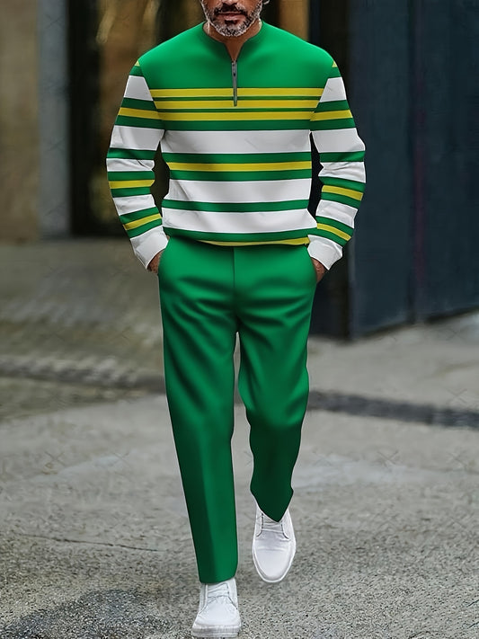 Men's Casual Green & White Color Matching Striped Printed Round-Neck Zipper Long Sleeved Tops & Trousers Two-Piece Set