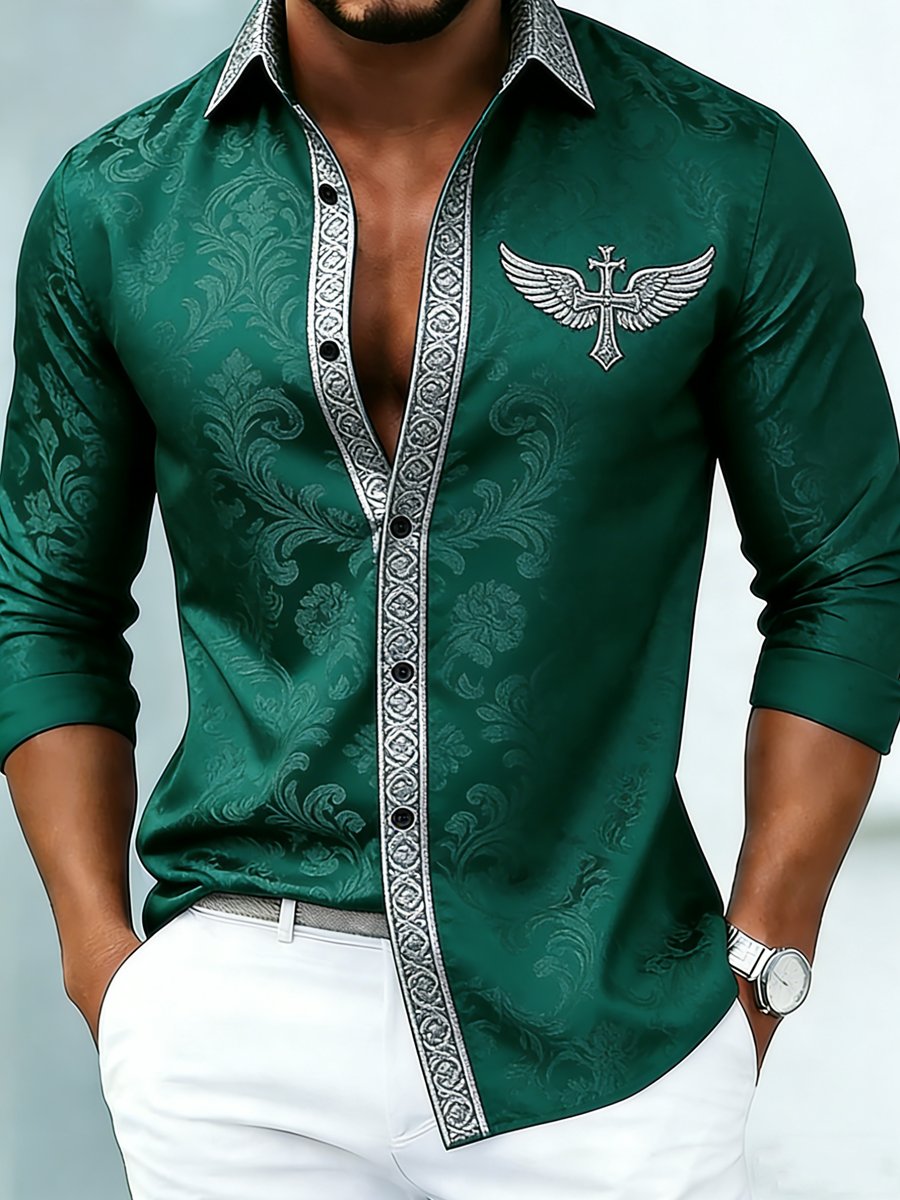 Men's luxury business shirt with subtle patterned print and long sleeves.