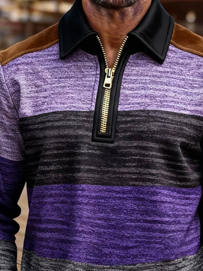 Men's Retro Color Block Print Zipper Sweatshirt