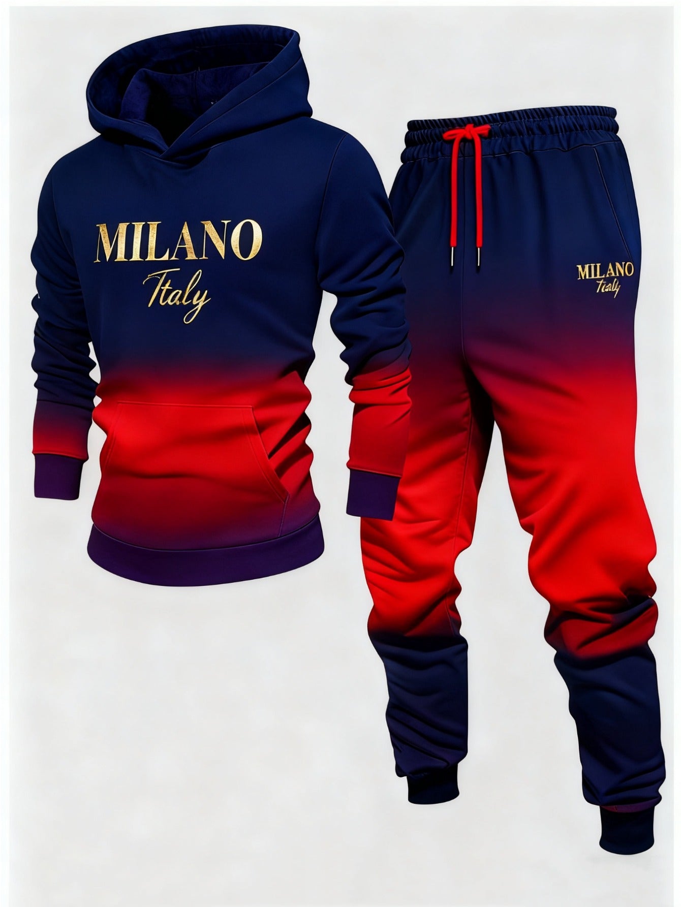 Men's Casual Navy Blue & Red Color Gradient Printed Hoodies Long Sleeved Sweatshirts & Sweatpants Two-Piece Set