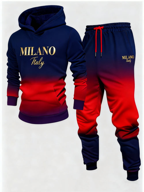 Men's Casual Navy Blue & Red Color Gradient Printed Hoodies Long Sleeved Sweatshirts & Sweatpants Two-Piece Set