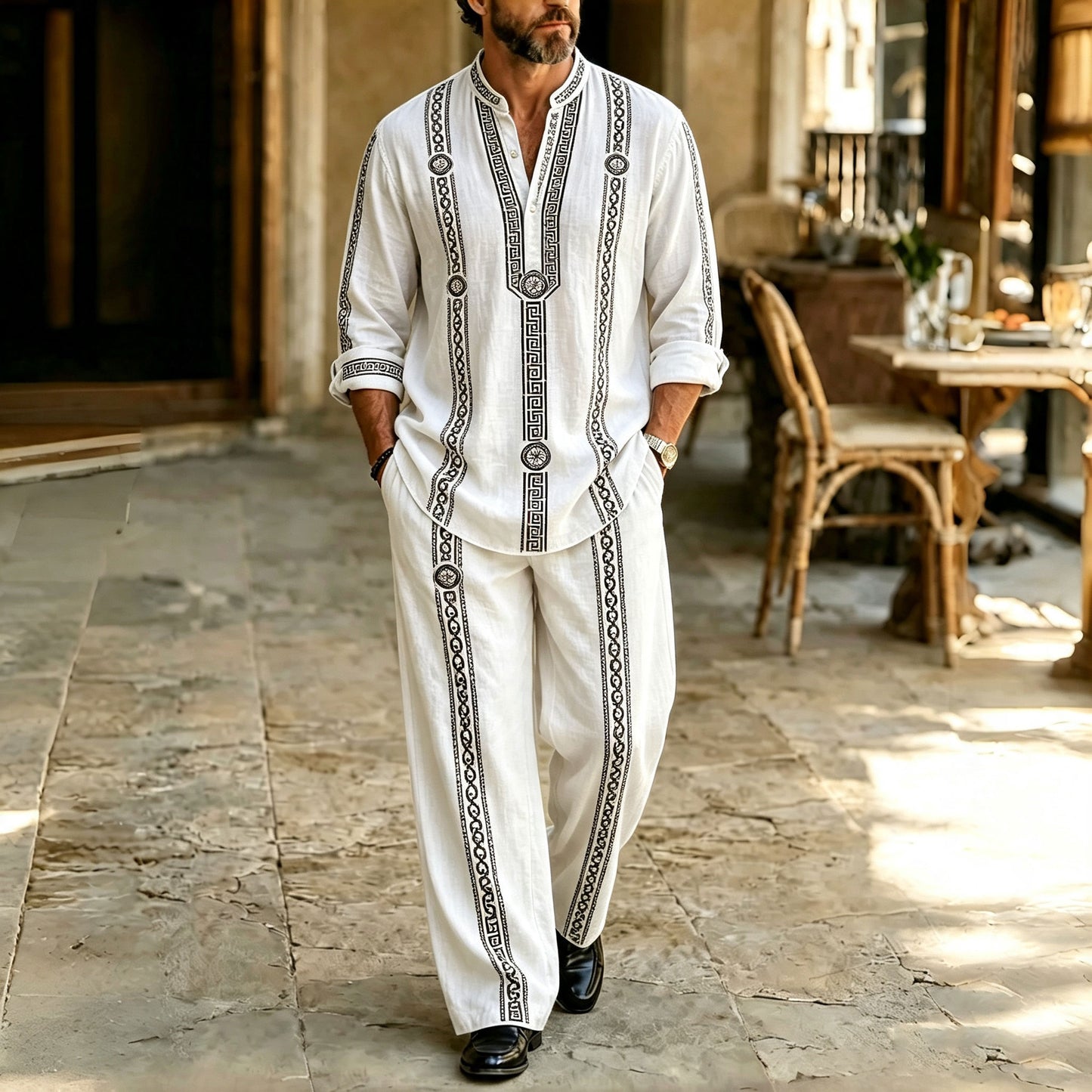 Men's Symmetrical Print Stand-Collar Polo Shirt and Pants Set