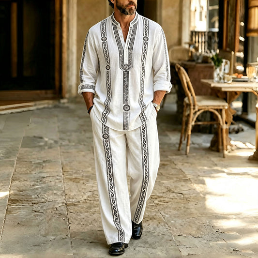 Men's Symmetrical Print Stand-Collar Polo Shirt and Pants Set
