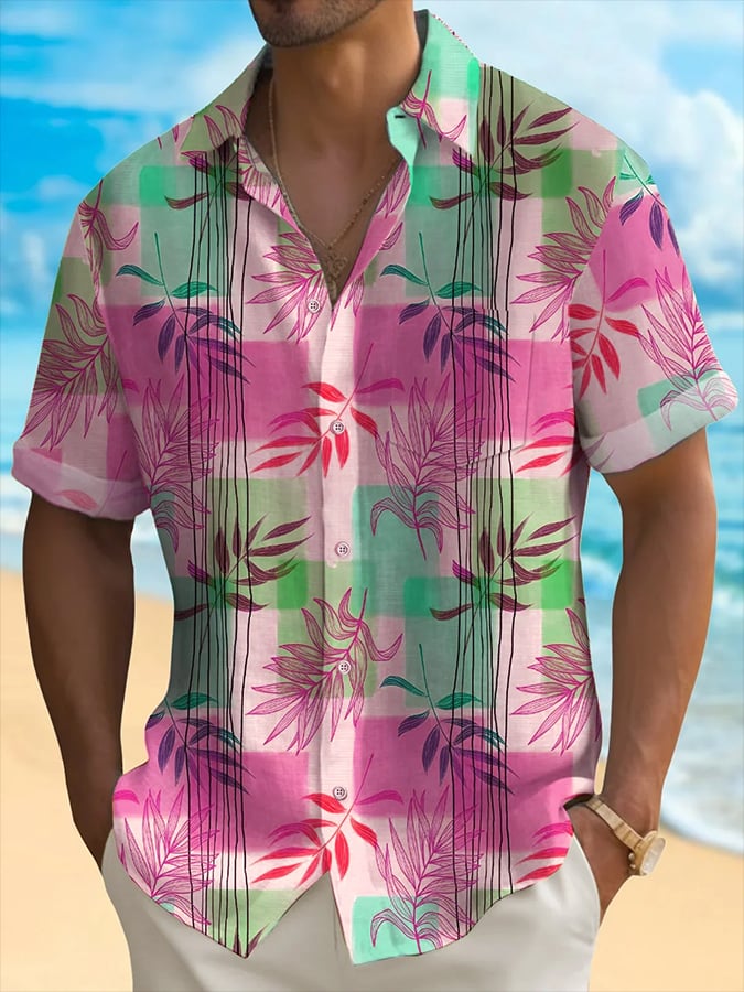Men's Hawaiian Leaf Print Short Sleeve Pockets Shirt