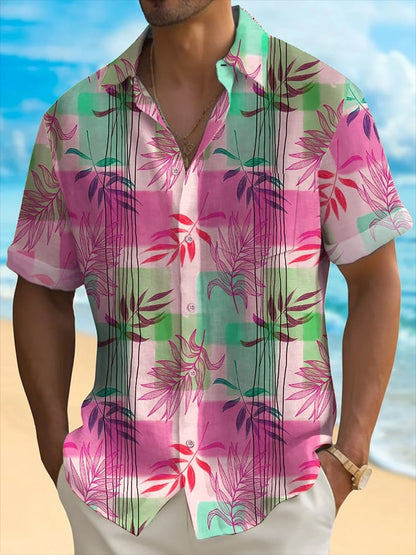 Men's Hawaiian Leaf Print Short Sleeve Pockets Shirt