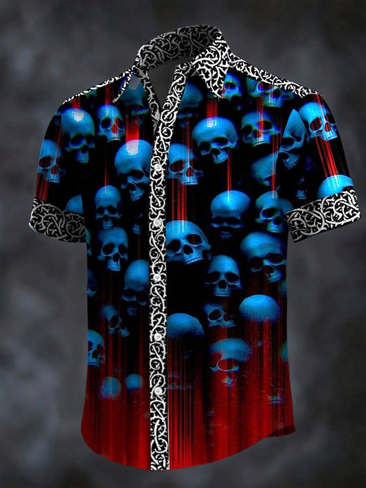 Men's Retro Horror Skull Print Lapel Short Sleeve Shirt
