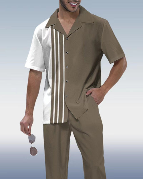Rianmond Men's Vintage Print Short Sleeve Shirt Walking Set 413