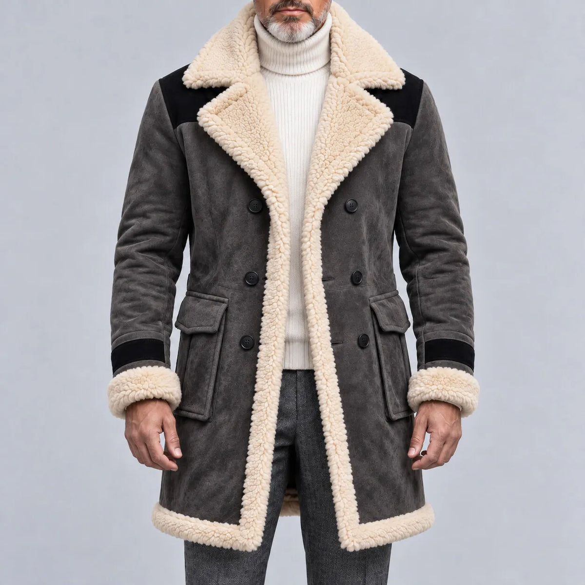 Men's Suede Contrast Color Sherpa Lined Lapel Collar Flap Pocket Double-Breasted Trench Coat