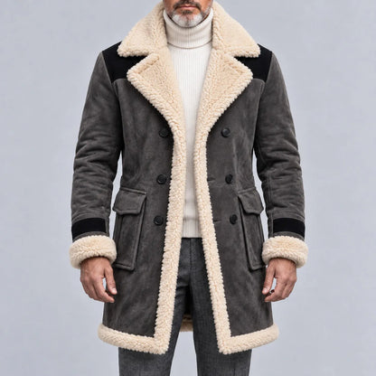 Men's Suede Contrast Color Sherpa Lined Lapel Collar Flap Pocket Double-Breasted Trench Coat