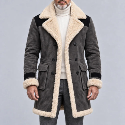 Men's Suede Contrast Color Sherpa Lined Lapel Collar Flap Pocket Double-Breasted Trench Coat