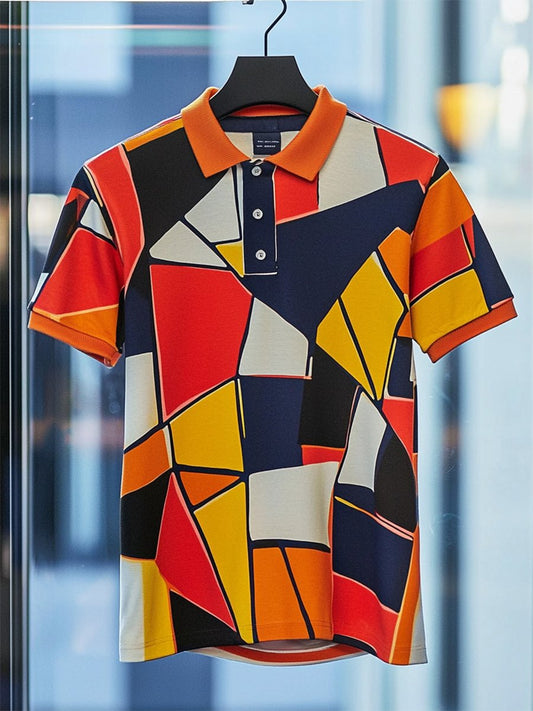 Men's Business Casual Bauhaus Style Button Short Sleeve Polo Shirt