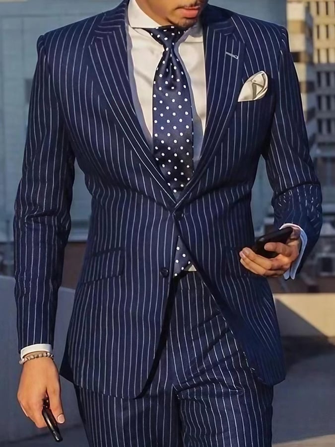 Men's Work Striped Single Breasted Notched Collar Blazer