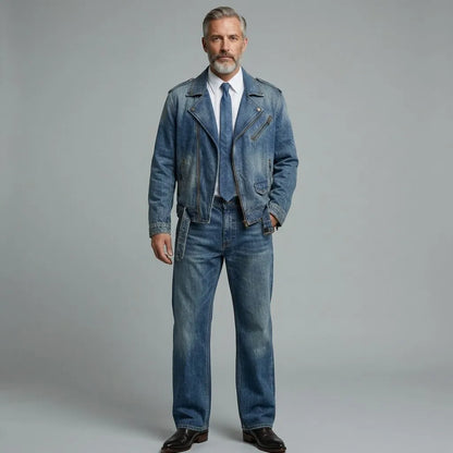 Men's Blue Notch Lapel Asymmetrical Zipper Multi-Pocket Washed Denim Jacket