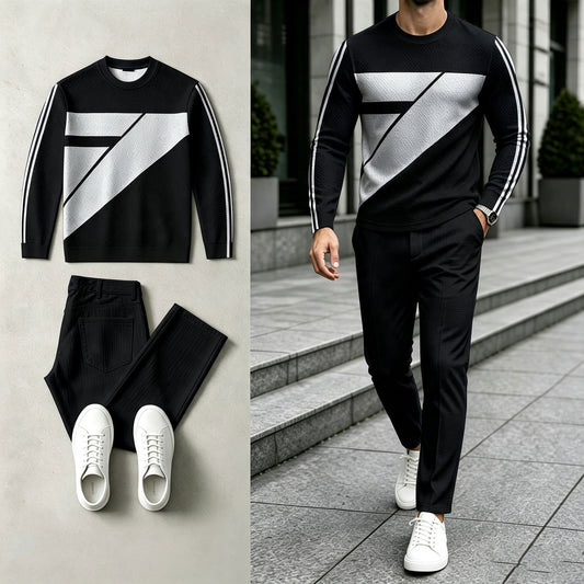 Men's Color-Blocked Round-Neck Sweatshirt and Pants Set