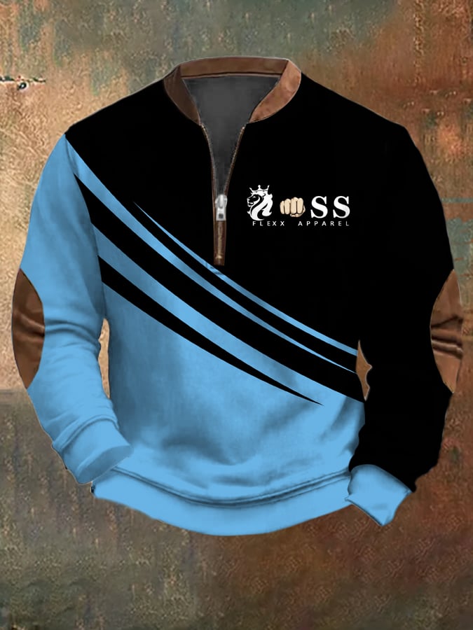Men's Retro Letter Design Printed Casual Zipper Collar Long-Sleeved Sweatshirt