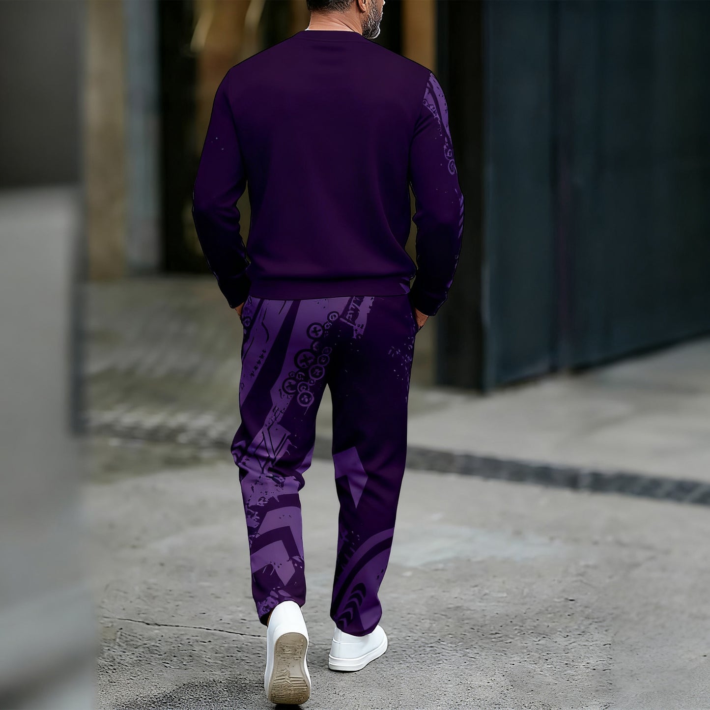Men's Casual Color Matching Printed Round-Neck Zipper Long Sleeved Trousers Two-Piece Set