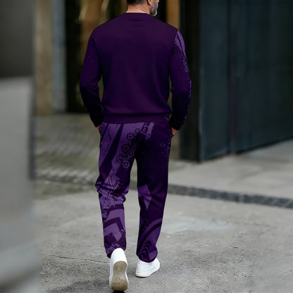 Men's Casual Color Matching Printed Round-Neck Zipper Long Sleeved Trousers Two-Piece Set