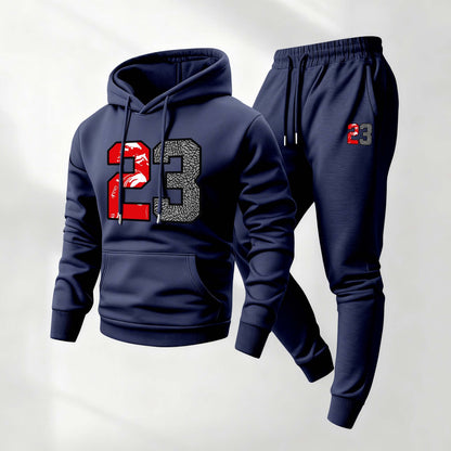 Men's Retro Basketball 23 Patterned Hoodie And Drawstring Track Pants Set, Men's Casual Athletic Long-Sleeved Hooded Jacket And Pants, Suitable For Fall And Winter, Street Style Hoodie Set, Everyday Wear, Indoor And Outdoor Sportswear