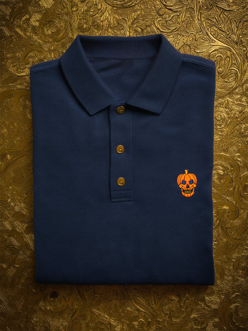 Men's Casual Business Halloween Pumpkin Art Button Short Sleeve Polo Shirt
