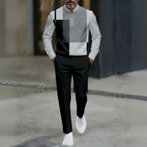 Men's Casual Black & Gray Color Matching Geometric Printed Round-Neck Zipper Long Sleeved Trousers Two-Piece Set