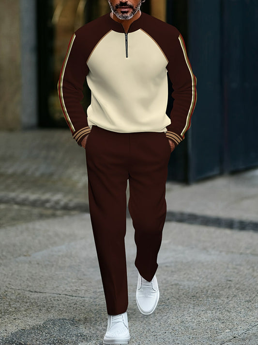 Men's Casual Coffee & Apricot Color Matching Printed Round-Neck Zipper Long Sleeved Trousers Two-Piece Set