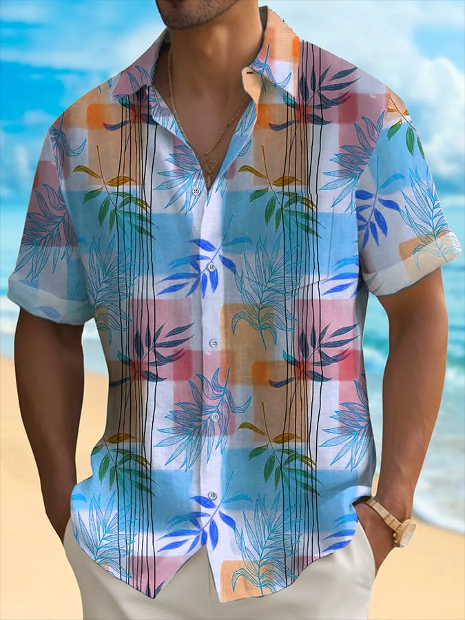 Men's Hawaiian Leaf Print Short Sleeve Pockets Shirt