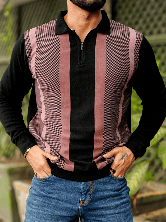 Men's Retro Business Stripe Print Long Sleeve POLO Shirt