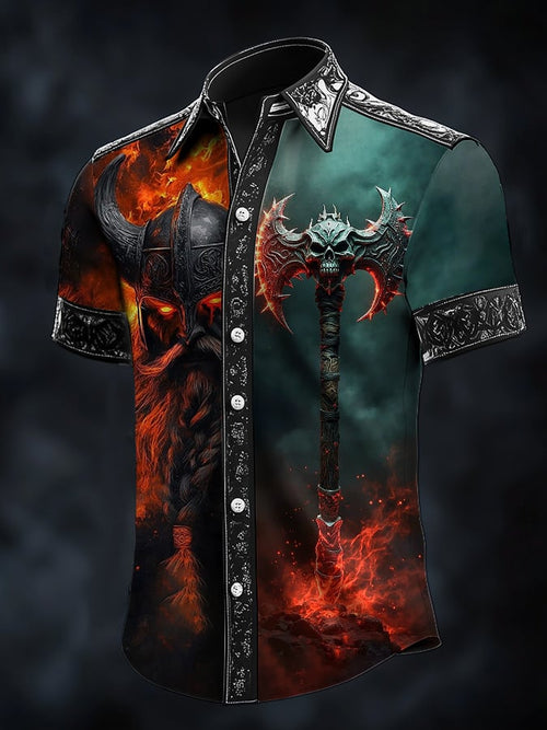 Men's casual vintage Viking warrior satin shirt