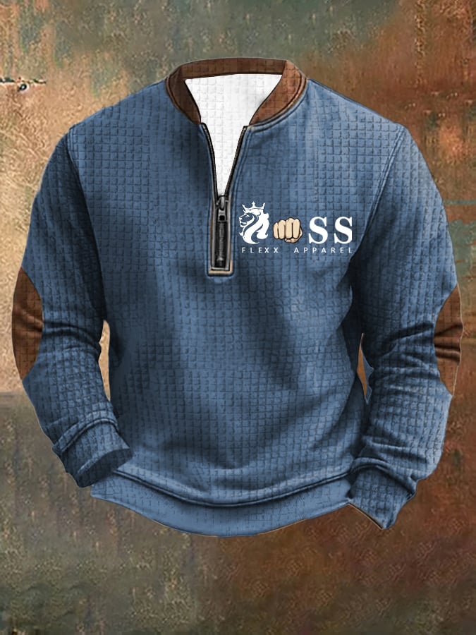 Men's Retro Letter Design Printed Zipper Collar Square Jacquard Sweatshirt