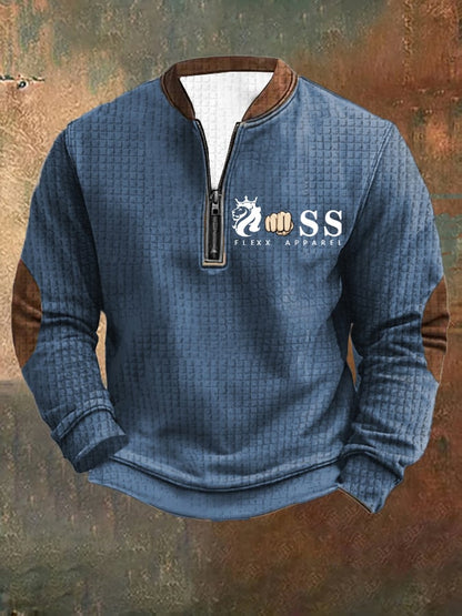 Men's Retro Letter Design Printed Zipper Collar Square Jacquard Sweatshirt