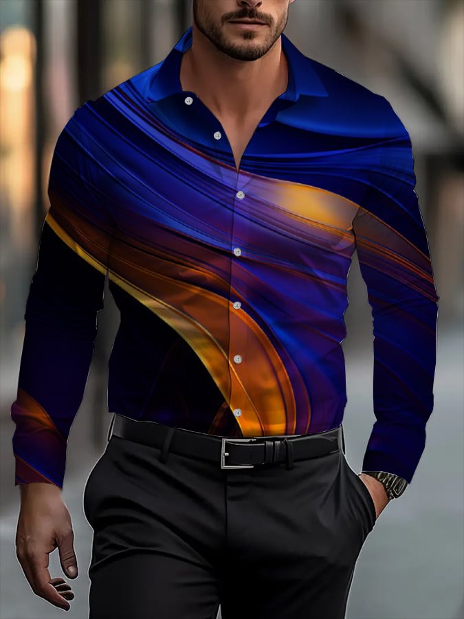 Men's Classic Business Plaid Stripe Print Long Sleeve Shirt