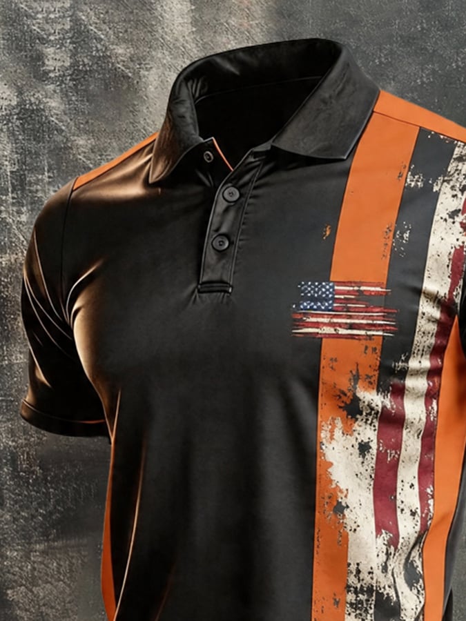 Men's Retro Patriotic Color-Block Short-Sleeve Polo Shirt