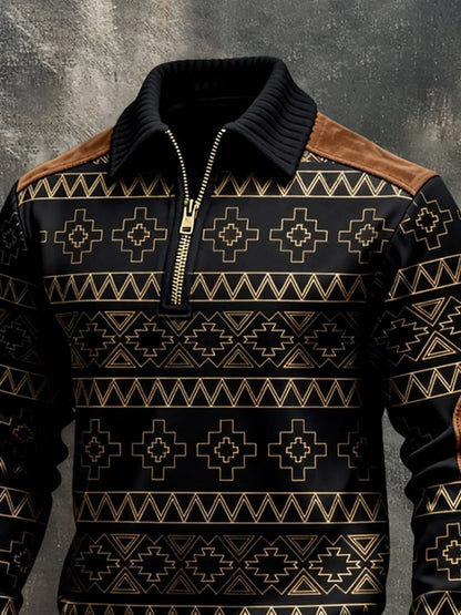 Men's Retro Color Block Print Color-Blocked Zip-Up Sweatshirt