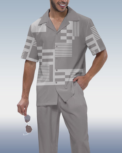 Men's Color Block Luxury Printed Short Sleeve Shirt Walking Set 1013