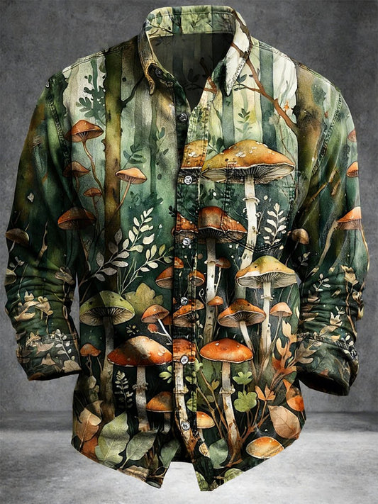 Men's Vintage Mushroom Art Long-Sleeved Shirt