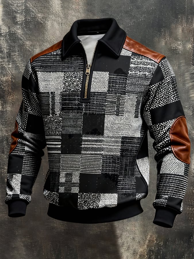 Men's Retro Color Block Print Color-Blocked Zip-Up Sweatshirt