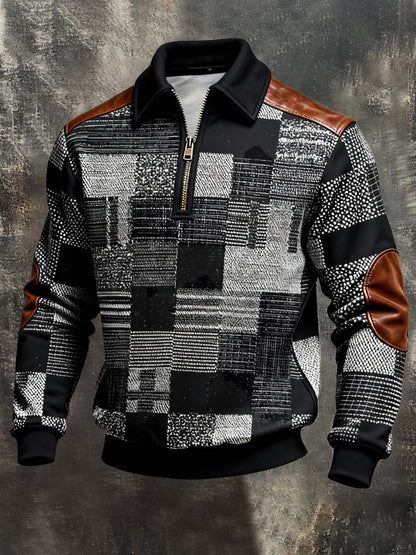 Men's Retro Color Block Print Color-Blocked Zip-Up Sweatshirt