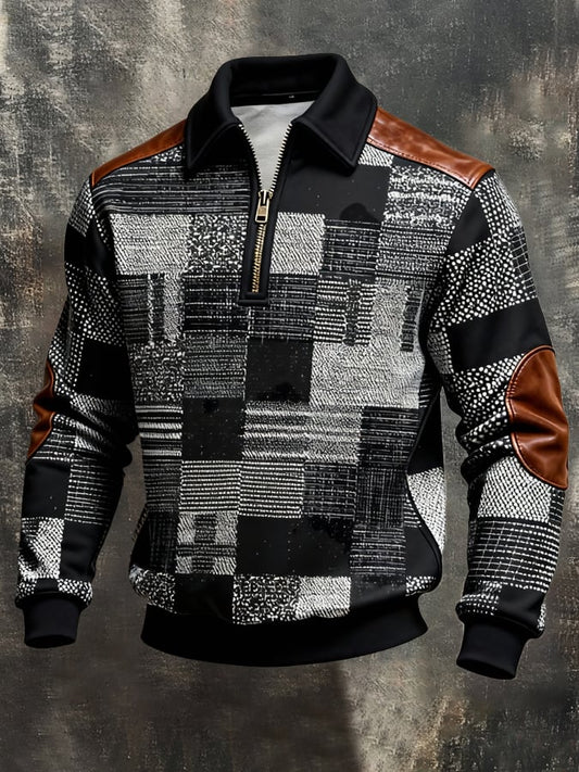 Men's Retro Color Block Print Color-Blocked Zip-Up Sweatshirt