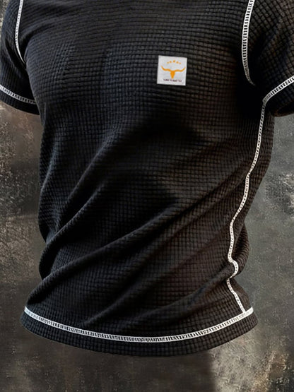Men's Retro Color Block Waffle Knit Crew Neck Short Sleeve Top