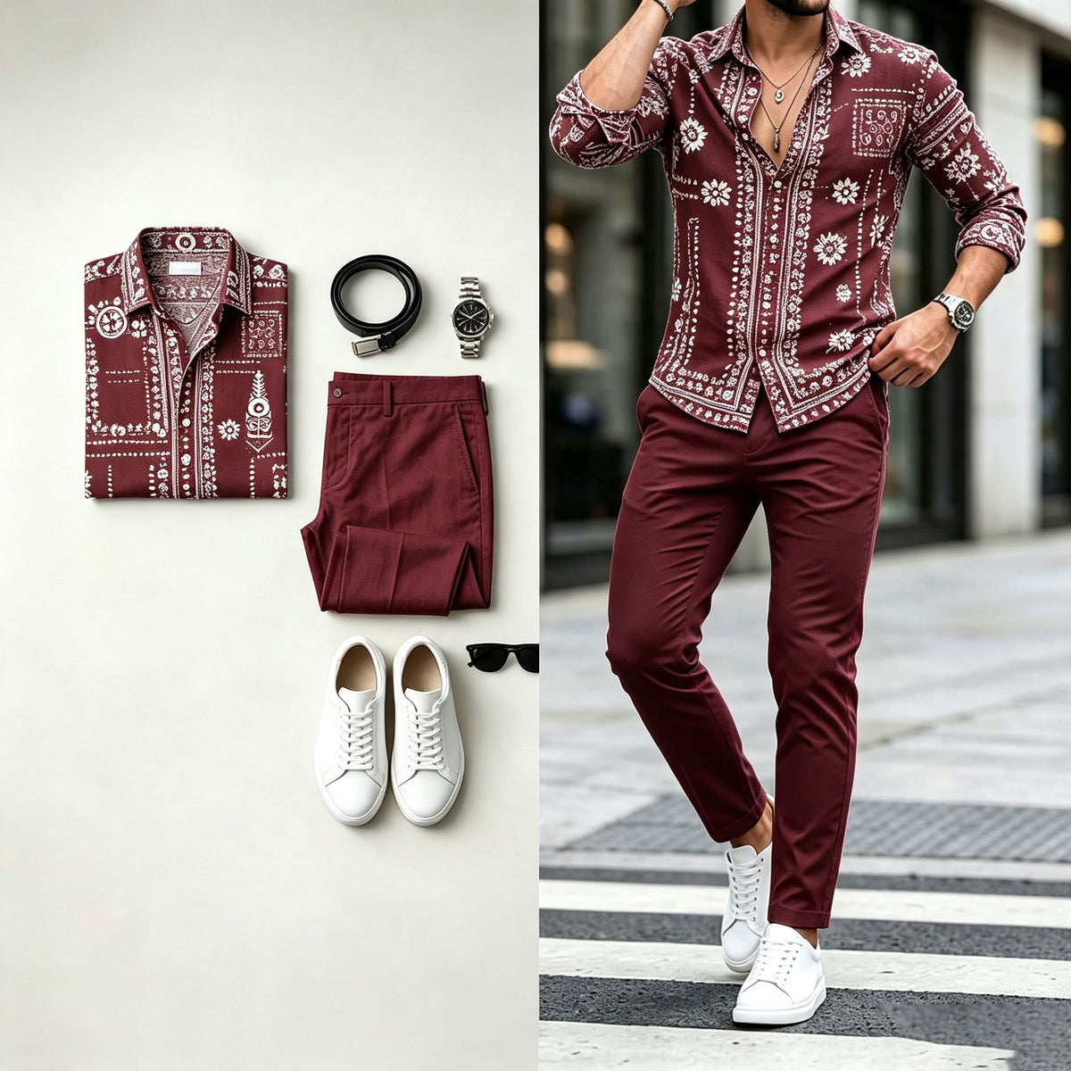Men's Long-Sleeve Shirt and Pants Set with Diagonal Geometric Print