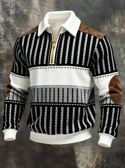 Men's Retro Color Block Print Zipper Sweatshirt