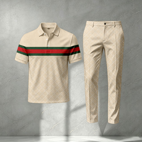 Men's Short-Sleeve Polo Shirt and Pants Set with Fine Diamond Pattern