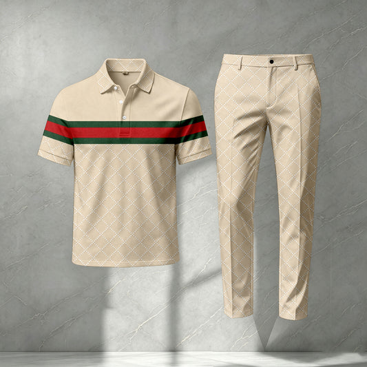 Men's Short-Sleeve Polo Shirt and Pants Set with Fine Diamond Pattern